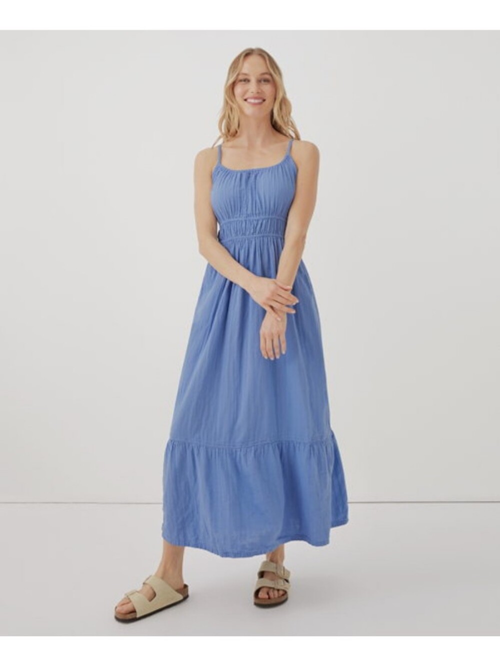 Pact Wedgewood Blue Coastal Double Gauze Cami Maxi Dress Size Small